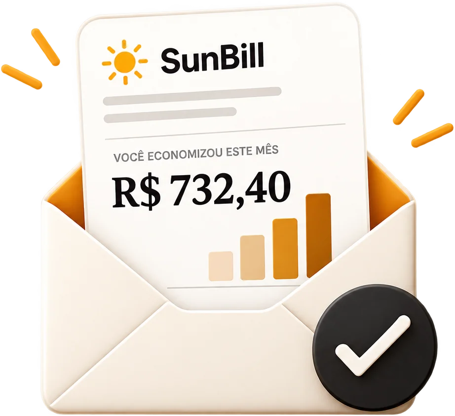 Ilustração: um envelope aberto com o e-mail do SunBill dentro, mostrando a marca, o valor economizado no mês e um gráfico de barras; um selo de confirmação marca o envio.